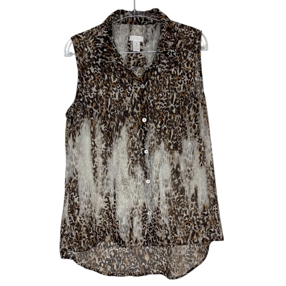 Chicos Animal Print Sleeveless Sheer Button Front Blouse Casual Feminine Medium
